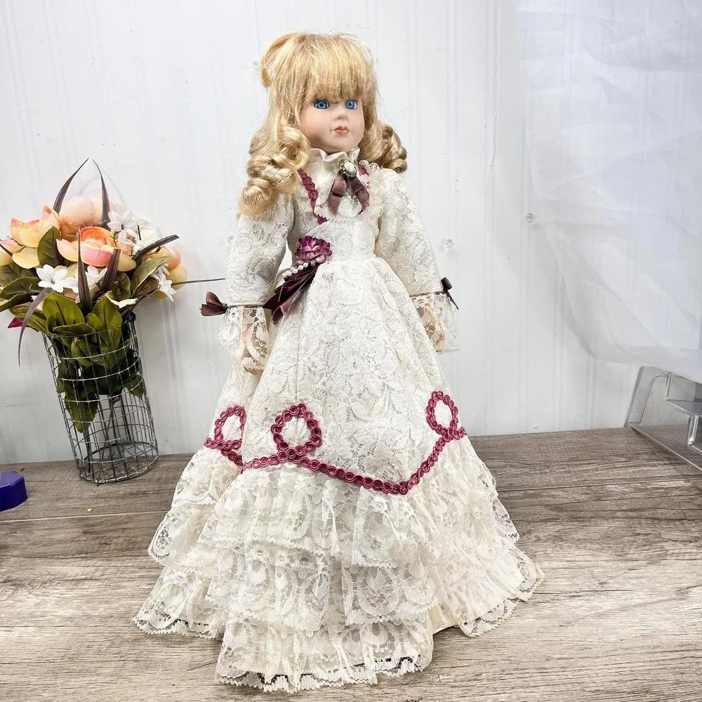 Vintage Porcelain‎ Doll, Painted Face Collectible Doll in Lace Dress
